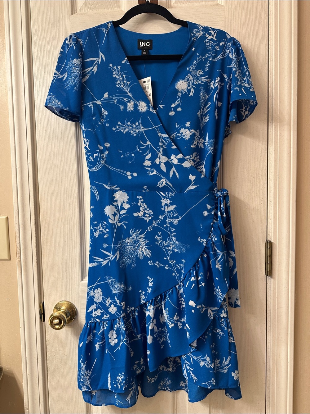 INC International Concepts Royal Blue Floral Wrap Midi Dress